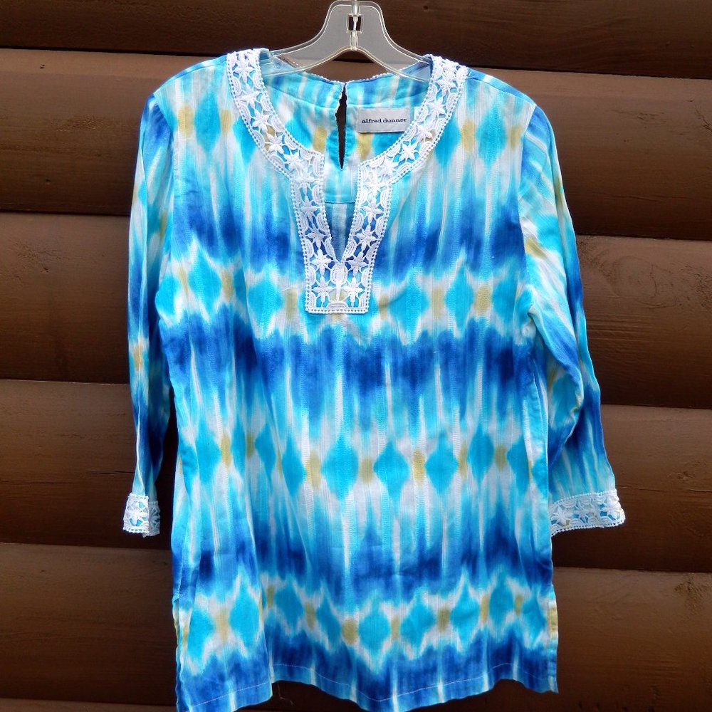 Alfred Dunner Blue White Green 3/4 Sleeve Summer Top with Lace Trim Size 10